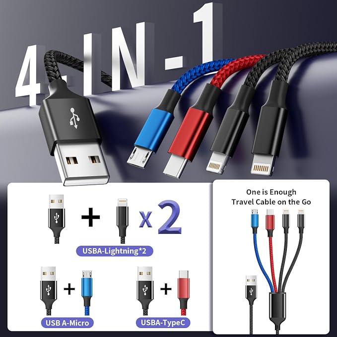 Travel 4 in 1 Multi Charging Cable with Dual IP/Type C/Micro USB, 2Packs 5FT Car Accessories iPhone Charger Cord for Multiple Devices, Universal USB Cable for iPhone17-8/iPads/Tablets and More