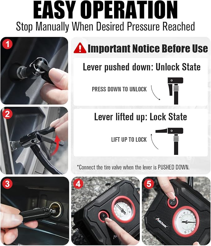 12V Tire Inflator Portable Air Compressor, Portable Car Air Pump w/Display Gauge and LED Light, Air Pump for Car Tires, Bike, Motorcycle, Compact, Lightweight (Red)