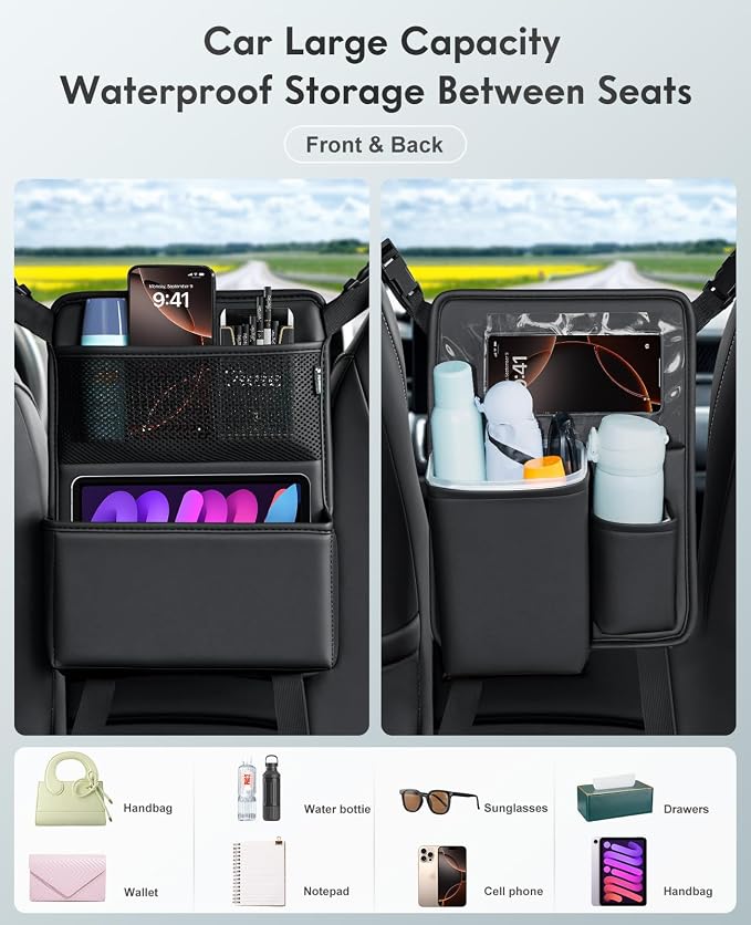 Car Organizer Storage Between Seats, Premium Leather Car Mesh Organizer with Waterproof Cup Holder, Car Hanging Storage Bag Pocket Between Seats