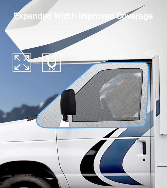 Oxford Windshield Cover for Chevy Express/GMC Savana Van 2001-2026, Thick Class C Motorhome Front Window Cover, for Ice & Snow, Silver with Mirror Cutouts