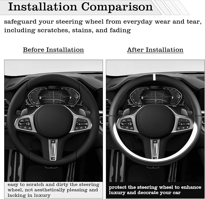 Car Leather Steering Wheel Cover - Panapi Material, Universal 14.5-15 Inch Leather Anti-Slip Breathable Auto Steering Wheel Covers for Men Women (Nappa Leather - Black & White)