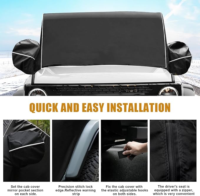 600D Cab Cover Windproof Sunshade Cover Compatible with 2021-2024-2026 Ford Bronco 4 Door, 6-Layer Protection Frost Wiper & Mirror Covers Protect from Sunshine, UV, Snow, Rain(Not fit Bronco Sport)