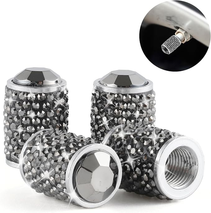 Car Wheel Tire Valve Caps, 4 PCS Bling Tire Valve Caps, Crystal Tire Caps Shinny Rhinestone for Women, Universal Car Dustproof Tire Valve Caps for Cars, Trucks, SUV and Motorcycles (Gray)