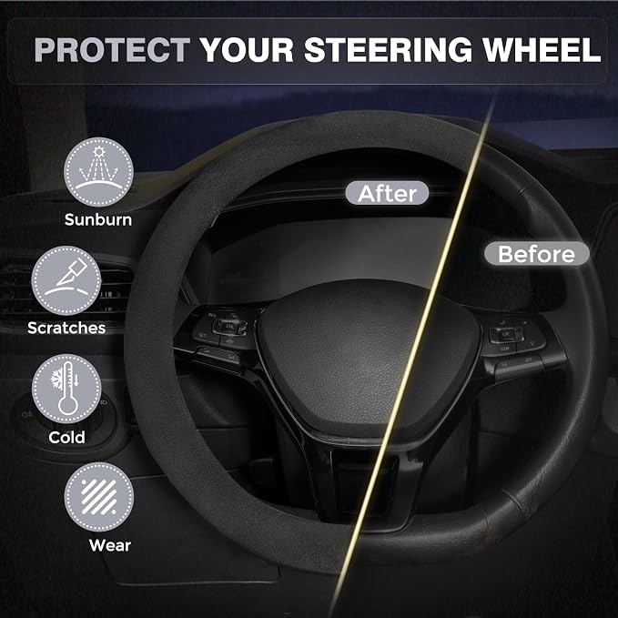 Car Steering Wheel Cover Winter, Microfiber Suede Steering Wheel Covers with Anti-Slip Lining, Breathable Elastic Car Steering Wheel Protector Soft, Universal Standard Size 14-15 inch
