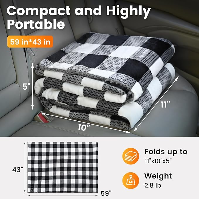Car Heated Blanket, 12-Volt Portable Heated Car Blanket with 4 Heating Levels & 4 Hours Auto Off for Car, Truck, SUV, RV or Camping, Travel, Machine Washable, 59" X 43", Plaid