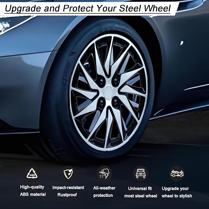 Hubcap Wheel Cover Replacement R15 Hub Caps Universal-Fit Steel Wheel Rim Cover ABS Material Exterior Accessories for Car Truck SUV -Set of 4（15-inch，Silver-Black）
