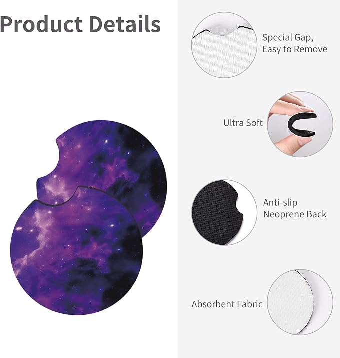 Starry Sky Purple Steering Wheel Cover Starry Sky Purple Milky Way Steering Wheel Cover Anti-Slip Universal Breathable 14-15-in 2 Car Cup Coasters for Men Women