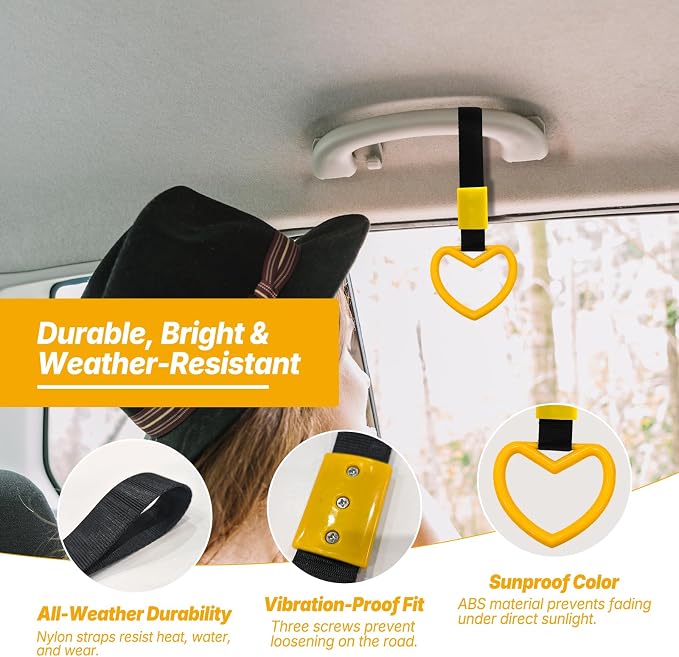 2 Pcs Heart Shaped Car Handle Strap – Drift Charm Rear Bumper Warning Ring Decor for Car Interior Exterior, Subway Bus Handle Accessory, Cute Heart Car Decor Gift for Women & Men (Yellow)