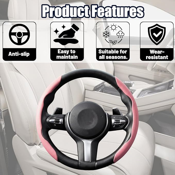 2PCS/Set Car Steering Wheel Cover, Leather Segmented Anti-Slip Automotive Wheel Protector, Soft Breathable Vehicle Steering Protection Covers, Universal Interior Accessories (Pink)