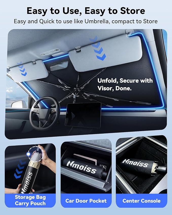 Windshield Sun Shade Umbrella for Tesla - [Vinyl Coating Heat Shield] Protect Car from Sun Rays & Heat Damage Keep Cool and Protect Interior, Spring Structure Edge