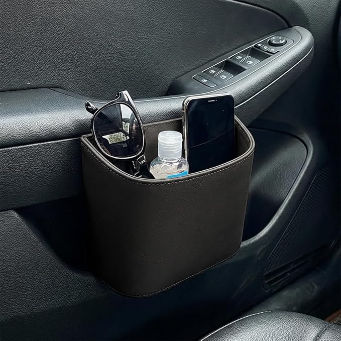 Leather Car Trash Can, Clip on Small Car Garbage Can, Waterproof Leakproof Back Seat Trash Bin, Multifunctional Vehicle Storage Organizer for Trucks, SUVs (Black)