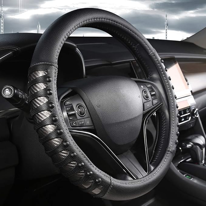 Microfiber Leather Car Steering Wheel Cover for Men Women,Universal Fit 14.5-15 inch(Leather Nails-Gray+Black-Standard Size)