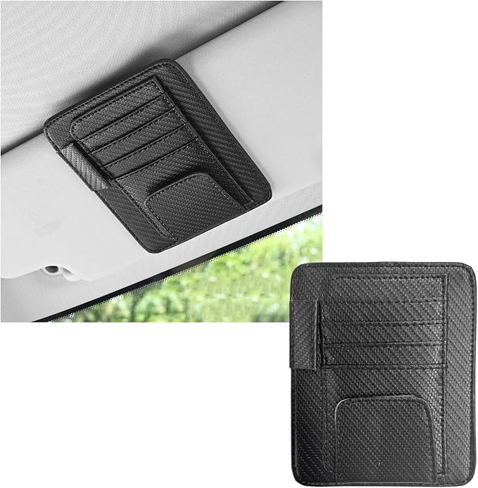 Small Leather Car Sun Visor Organizer, Multifunctional Auto Visor Document Holder with Sunglasses Clip, Universal Car Interior Organizer for Driving License, Card, Pen (Carbon Fiber Black)