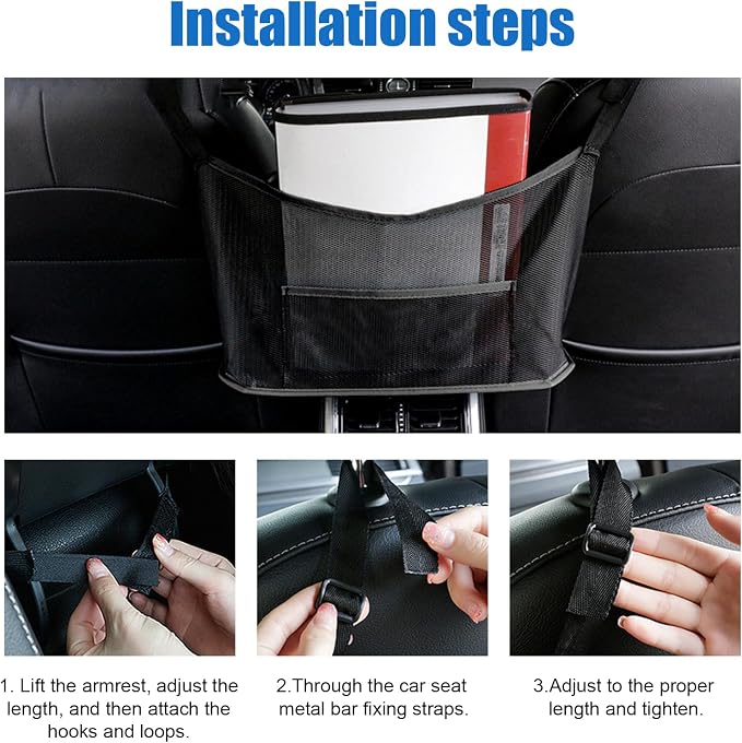 2 PCS Car Net Pocket Handbag Holder, Organizer Mesh Bag Between Two Seat, Driver Storage Netting Pouch for Handbag Purse, Barrier of Backseat Pet, Car Accessories for Women Men (Black)