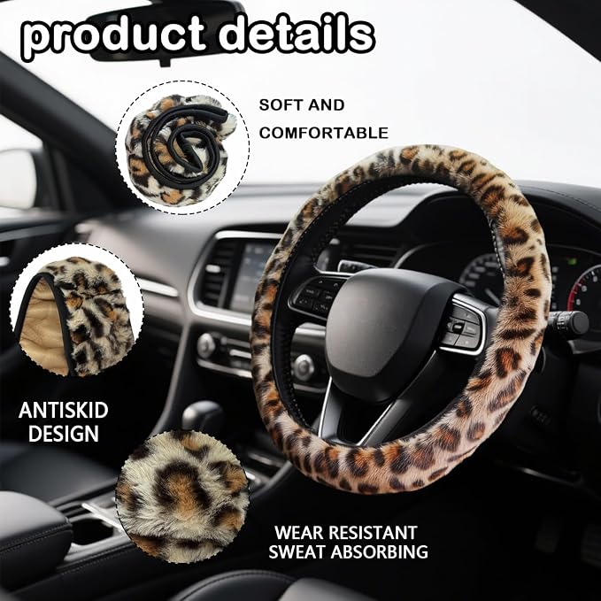 Brown Leopard Print Fuzzy Steering Wheel Cover for Women, Universal Auto Steering Wheel 14-15 Inch Soft Warm Car Interior Accessories with 2PCS Car Coasters, Suitable for Men and Women