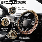 Brown Leopard Print Fuzzy Steering Wheel Cover for Women, Universal Auto Steering Wheel 14-15 Inch Soft Warm Car Interior Accessories with 2PCS Car Coasters, Suitable for Men and Women