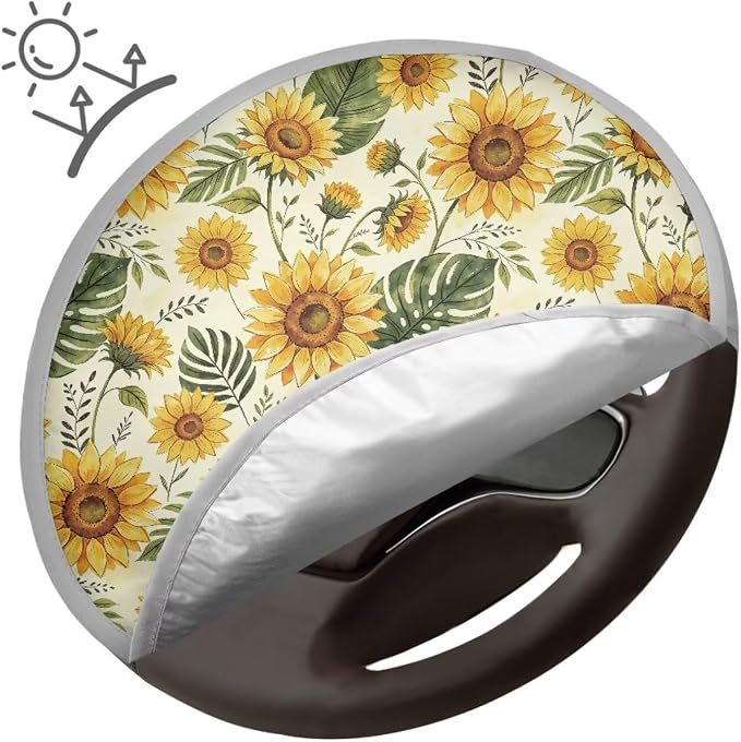 Sunflower Steering Wheel Sun Shade Cover Keep Cool Steering Wheel Sun Block Anti-Heat Aluminum Foil Steering Wheel Cover Steering Wheel Sun Heat Shield for SUV Truck Van