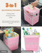 Car Trash Can with Lid, Cute Leakproof Car Trash Garbage Bag Hanging Vehicle Trash Bin Small Portable Automotive Garbage Cans Organizer for Back/Front Seat/Console(2.8 Gallons,Pink Print)