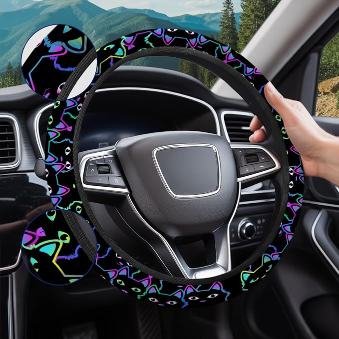 Neon Cat Steering Wheel Cover, Non Slip Polyester Car Wheel Protector for Car SUV Truck, Universal 15 Inch
