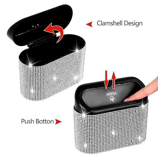 Bling Car Trash Can with Lid - 2 Pack, Mini Auto Garbage Can with 60 Trash Bags, Automotive Garbage Container Bin, Bling Car Accessories Trash Can for Women (Silver Diamond)