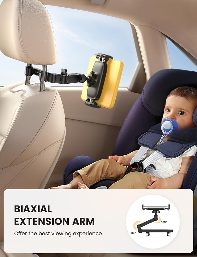 Car Headrest Tablet Holder - [3 in 1 Extension Arm] Adjustable Tablet Car Mount for Back Seat, Gifts Road Trip Essentials for Kids, for 4.7-11" Devices, iPad Pro Air Mini, Galaxy, Fire HD