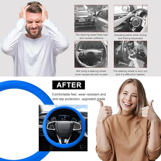 Car Steering Wheel Cover, 13 to 14.17 inches Anti-Slip Silicone Steering Wheel Protector, Soft Flexible Shock-Absorbent Steering Wheel Protective Cover for Most Car Models (Dark Blue)