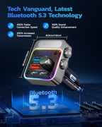 54W Bluetooth 5.3 Car Adapter with 4 Charging Ports [PD 36W & QC3.0 18W], Wireless Radio FM Transmitter with Deep Bass Player & 5 Colors LED Backlit, Hands-Free Calling - Silver