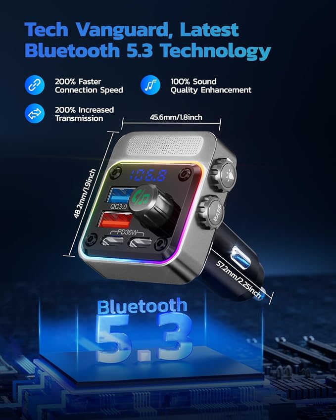 54W Bluetooth 5.3 Car Adapter with 4 Charging Ports [PD 36W & QC3.0 18W], Wireless Radio FM Transmitter with Deep Bass Player & 5 Colors LED Backlit, Hands-Free Calling - Silver