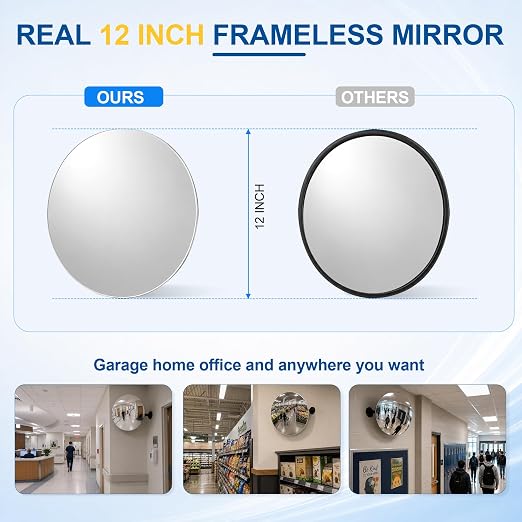 12" Frameless Mirror with 360° Adjustable View - Convex Mirror for Garage, Driveway, Store, Warehouse & Office, Wall Mount Safety for Indoor Outdoor Use with Clear Wide Reflection