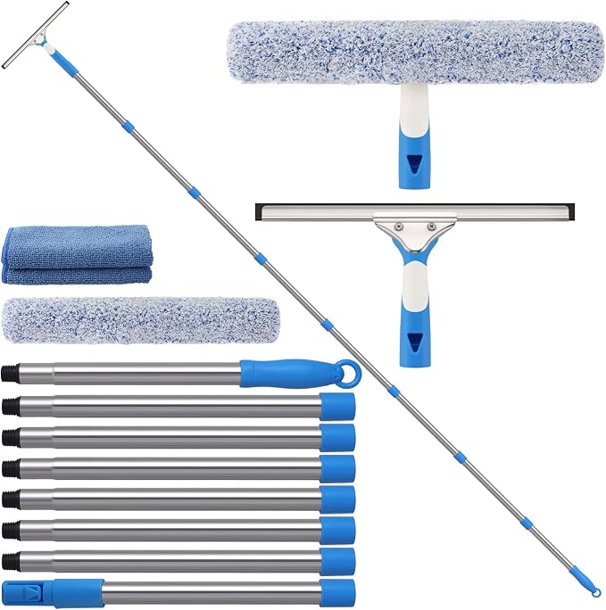 10 Feet Professional Squeegee Window Cleaner Tool with Extension Pole, Car Windshield Cleaning Kit with Long Handle, Window Washing Equipment for Indoor Outdoor Windows & Car Glass