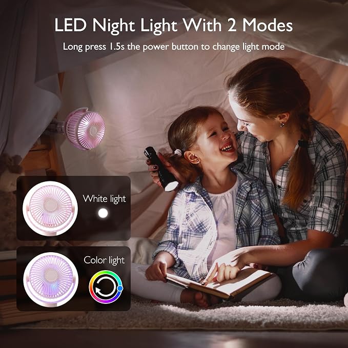 8000mAh Portable Stroller Fan, 27H Ultra-long Battery Life Detachable 4 Speed 360°Rotate LED Night Light with 2 Modes, USB Rechargeable Handheld Cooling Fan for Travel/Car Seat/Bedroom