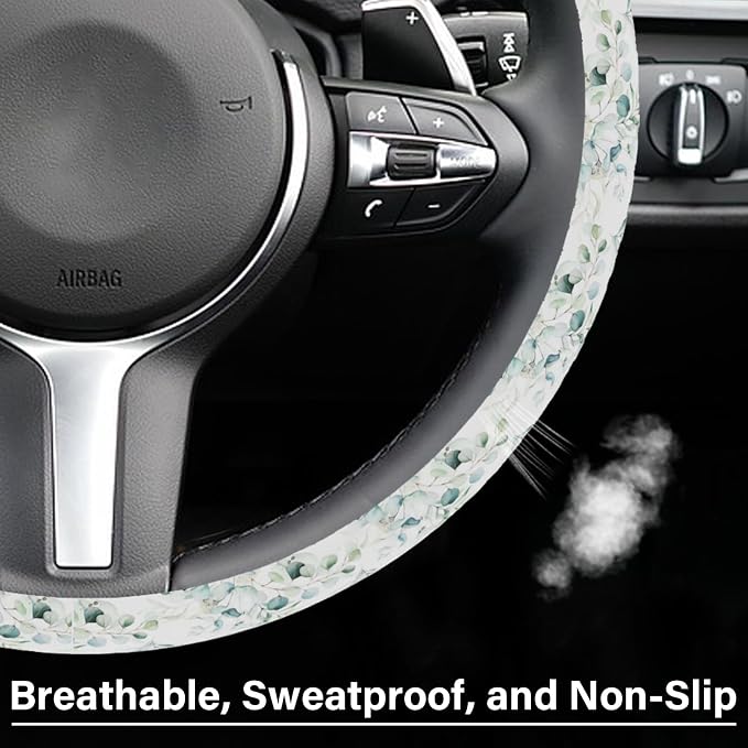 Leaf Steering Wheel Cover, Cute Print Steering Wheel Cover Protector, Ultra Thin Breathable Non-Slip, Car Accessories for Women, for Steering Wheel with a Diameter of 14.5"-15"