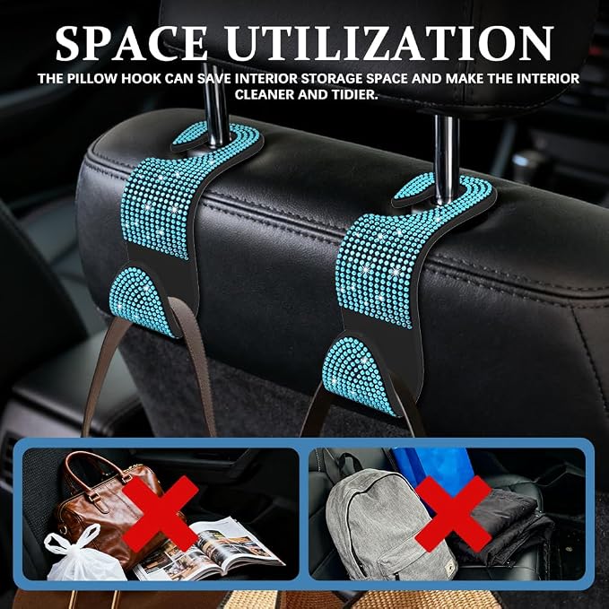 4PCS Bling Car Seat Headrest Hooks, Purse Holder for Car, Vehicle Back Seat Purse Handbag Hanging Holder with Crystal Rhinestone, Diamond Car Rear Seat Organizer for Vehicles (Lake Blue/Black)