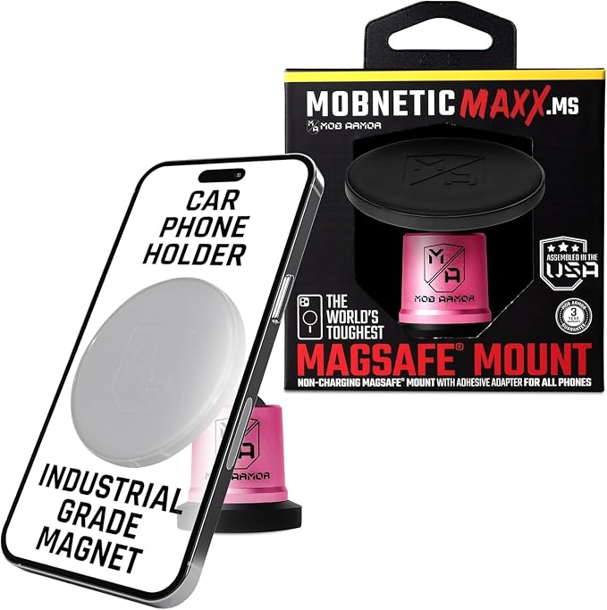 MobNetic Maxx MS - MagSafe Compatible Car Phone Mount w/ 90º Tilt, 360º Rotation & Durable Aluminum Build, Magnetic Holder for iPhone & Android Devices, USA Assembled - Pink