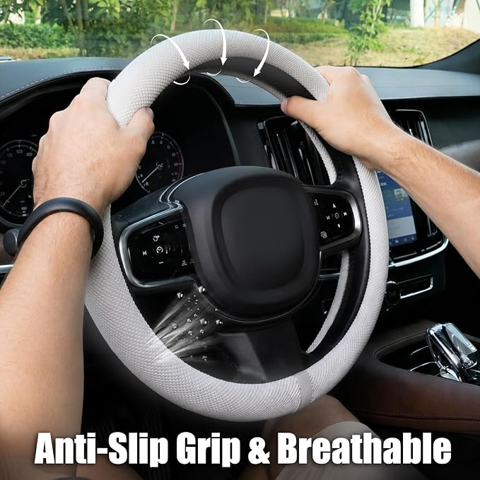 15 Inch Cooling Steering Wheel Cover for Women, Non-Slip Breathable Cooling Car Steering Wheel Cover with Upgraded Silicone Inner Ring Fits Round/D Shape, Warm in Winter Cool in Summer, White Gray