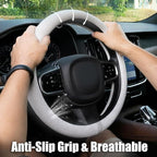 15 Inch Cooling Steering Wheel Cover for Women, Non-Slip Breathable Cooling Car Steering Wheel Cover with Upgraded Silicone Inner Ring Fits Round/D Shape, Warm in Winter Cool in Summer, White Gray