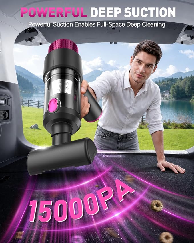 Handheld Car Vacuum Cleaner Cordless, 15000PA Powerful Mini Car Vacuum, 4-in-1 Air Duster & Blower, Portable Hand Held Vacuum Cordless Rechargeable with LED Light & Multi Nozzles for Car, Home