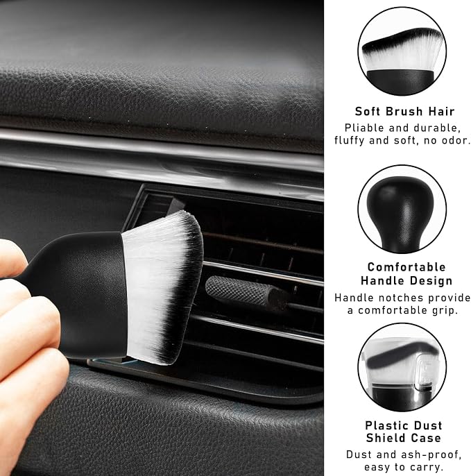 2PCS Car Interior Dust Brush, Soft Scratch Free Auto Detailing Brushes, Universal Vehicle Interior Cleaning Tool for Automotive Dashboard, Air Vents, Leather (White & Black)