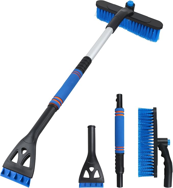 Car Snow Brush Ice Scraper, 32in Extendable, Windshield | 9.45in brush head, 3.82in scraper with ice chippers, 32in extendable, foam grip, easy storage