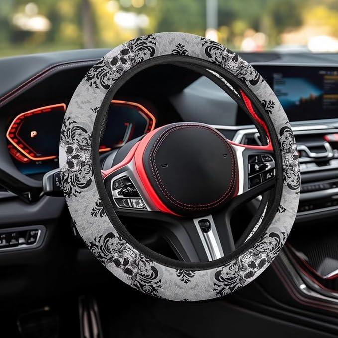 Steering Wheel Protection for Automotive Steering Wheel Covers | Skull Floral Grey, 14-15 In, Sweat Absorption Comfort Grip for Driver Women Men
