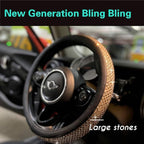 Large Size Bling Comfy Steering Wheel Cover with Jumbo Crystal Rhinestones, Anti-Slip Diamond Leather, 15.5-15.75 Inch (Gold)