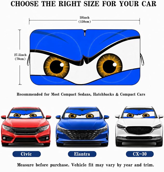 Car Windshield Sun Shade, Universal Fit Compact Sedan SUV, Monster Blue | 59 x 27.5" Car Sun Visor, Foldable Front Window Sunshade, UV Heat Protection, Cute Eyes Series