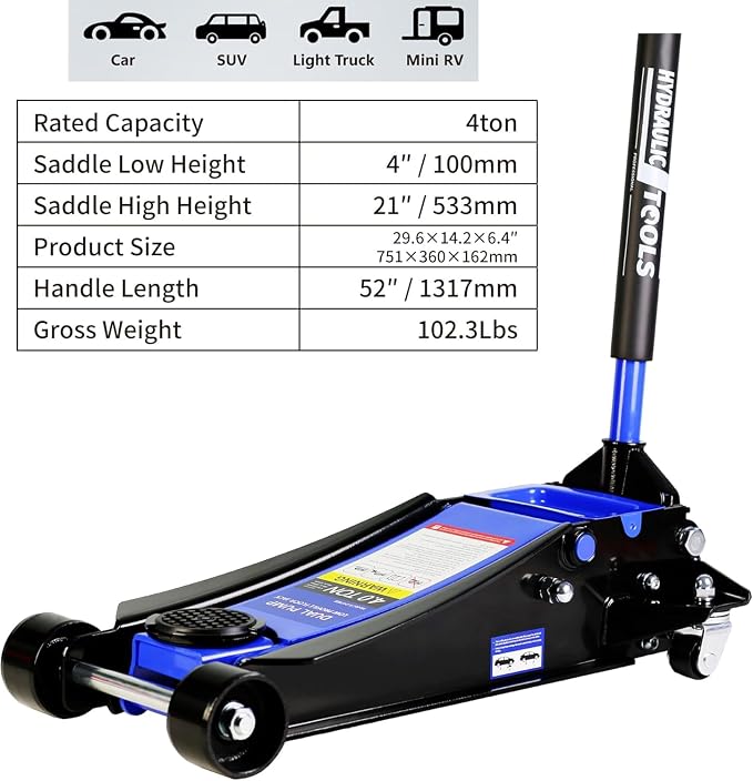 4 Ton Low Profile Floor Jack, Heavy Duty Floor Jack with Dual Pistons Quick Lift Pump, Steel Car Jack Adjustable Height 4"-21", Hydraulic Trolley Floor Jacks 4 Ton/8000 LB Capacity, Blue