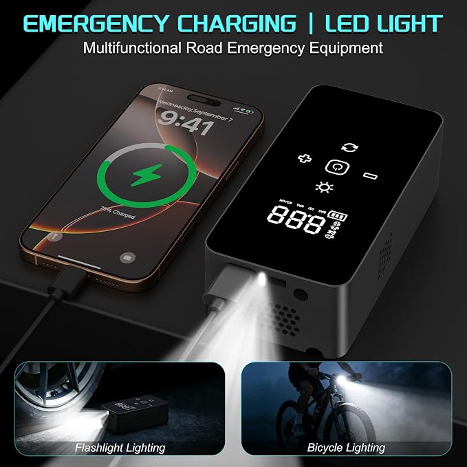 Portable Air Compressor Tire Inflator with Digital Pressure Gauge, LED Lights & Auto Shut-Off Function, Cordless Tire Air Pump with 12V DC Car Plug for Car, Motorcycle, Bicycle, Ball