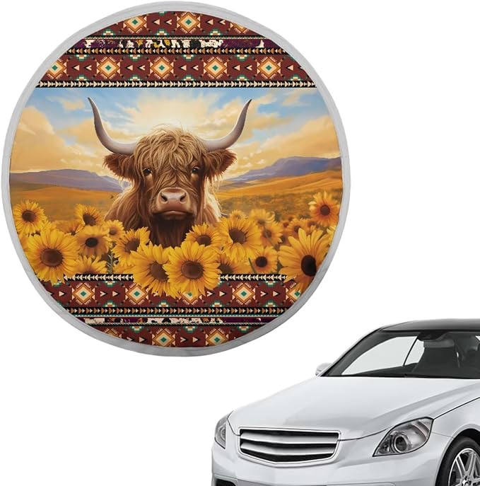 Aztec Steering Wheel Cover Sun Shade 17 inch Cute Highland Cow Sunflower Car Steering Wheel Accessories for Women Universal Steering Wheel Protection Heat Reflector for Most Cars SUV Trucks