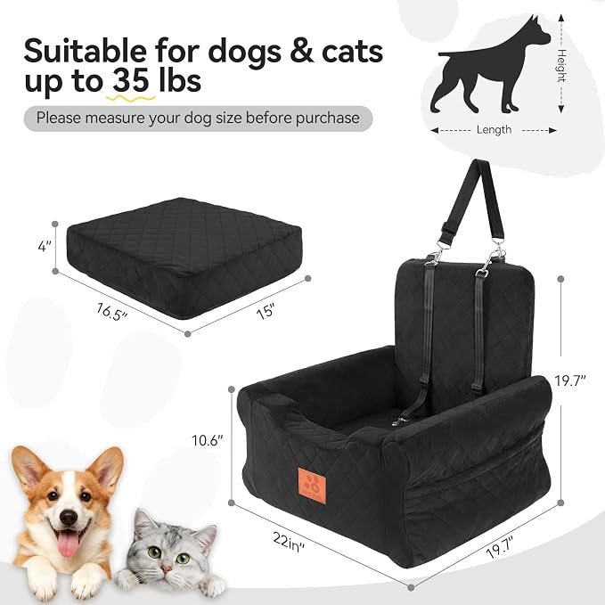 Dog Car Seats for Small/Medium Dogs, Elevated Memory Foam Dog Booster Seat, Detachable Washable Pet Car Seat with Safety Belts & Storage Pockets (Black)