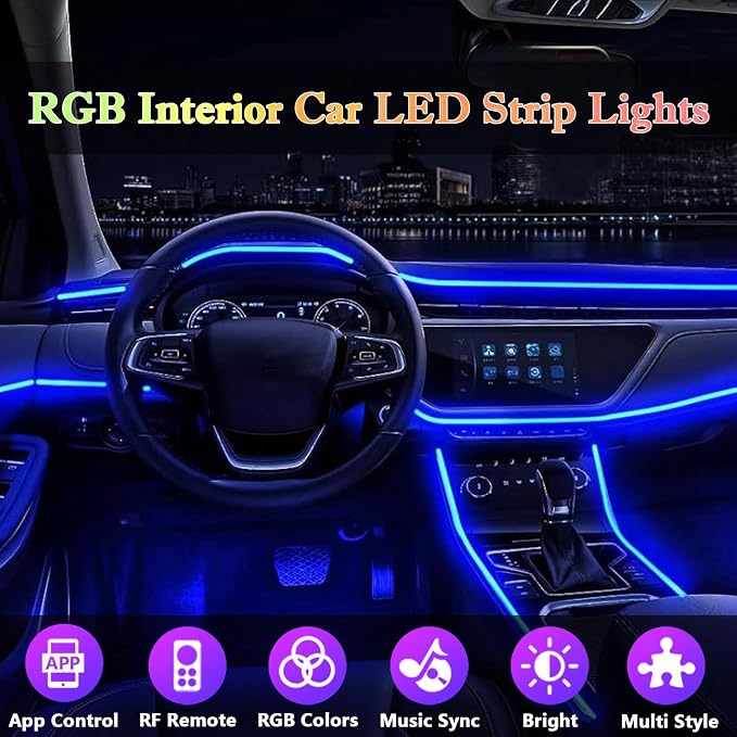 Interior Car LED Strip Lights, RGB 6 in 1 Ambient Lighting Kits with 315 inches Fiber Optic, 16 Million Colors Car Interior Lights with Wireless APP and Remote Control, Sync to Music