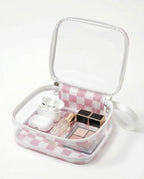 Preppy Clear Makeup Bag Travel Cosmetic Case Transparent Pink and Beige Checkered Toiletry Bag with Zipper,Portable Make Up Organizer Traveling Compact Pink Car Essentials for Girls