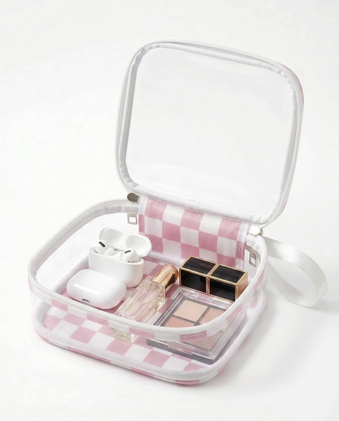 Preppy Clear Makeup Bag Travel Cosmetic Case Transparent Pink and Beige Checkered Toiletry Bag with Zipper,Portable Make Up Organizer Traveling Compact Pink Car Essentials for Girls