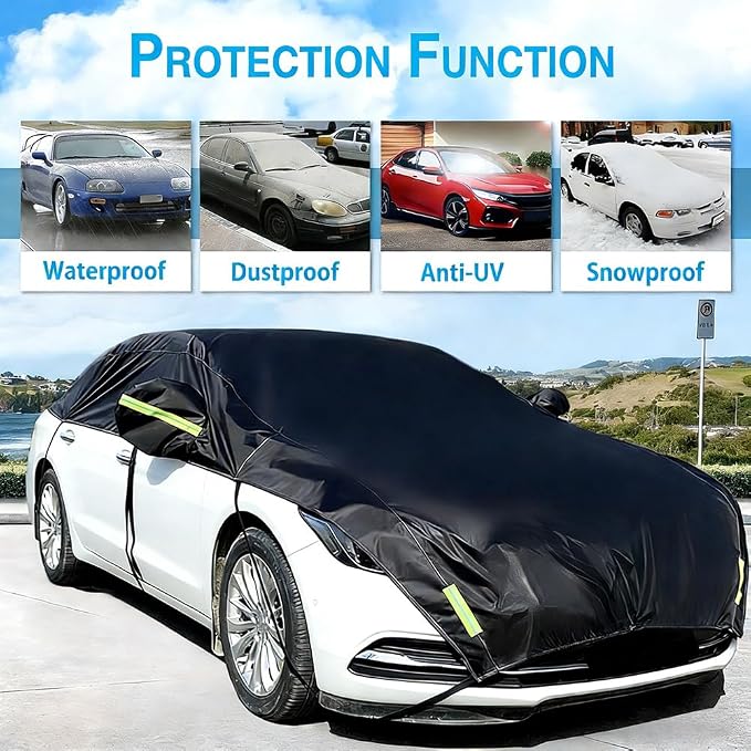 Half Car Cover All Weather Car Body Cover for All Season Sunshade Cover Snow Cover Waterproof 210D Polyester with Cotton (Fit Sedan)